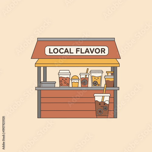 Delightful local flavor beverage stand illustration showcasing a vibrant array of refreshing cold drinks, iced teas, and sweet concoctions, perfect for summer refreshment