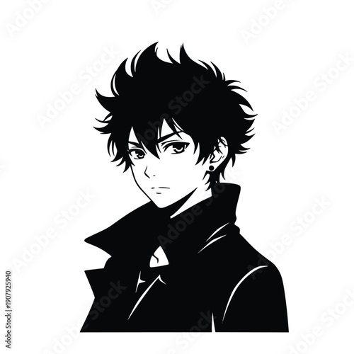 Young man with spiky hair and stylish black coat depicted in a modern anime style illustration against a clean white background.