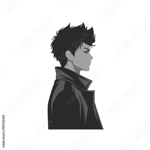 Young man illustrated in profile with spiky black hair and dark jacket against a white background showcasing a minimalist monochrome style.