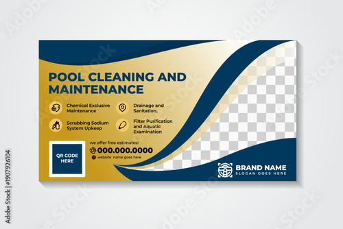 Swimming pool cleaning service flyer template. Pool maintenance solution services leaflet design use combination blue, black, white, and gold gradient colors on element and background