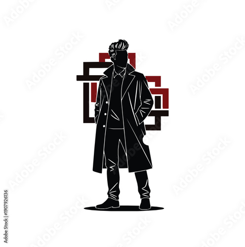 Stylish man standing confidently in a long coat with hands in pockets against a geometric background with the word salon.