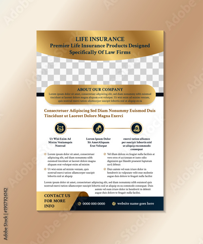 Flyer design of life insurance template.  premier life investment poster design with combination gold and blue gradient on element isolated on white background. rectangle shape for photo space. 
