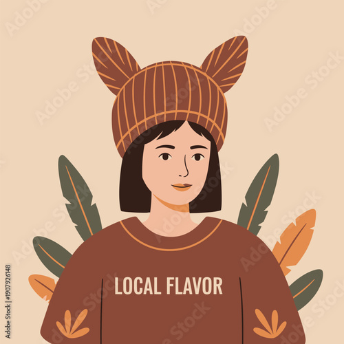 Cozy young woman with a playful ear-flap hat and warm sweater, surrounded by autumnal foliage, embodying a sense of comfort and local charm