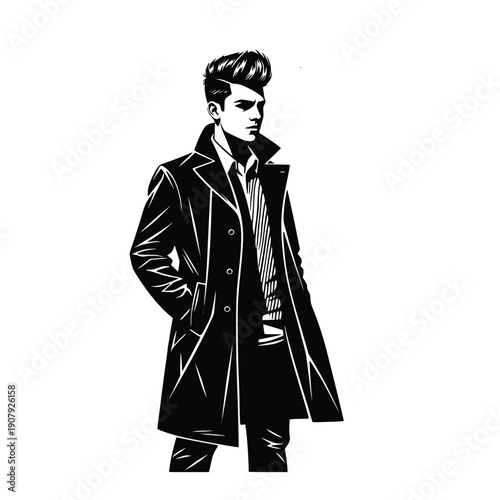 Stylish man with a confident pose surrounded by an urban salon logo and branding elements in a modern monochromatic illustration.