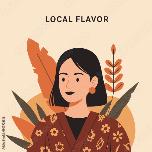 Charming vector illustration depicting a confident young woman in traditional patterned attire, surrounded by decorative earthy foliage, embodying cultural essence and local artistry