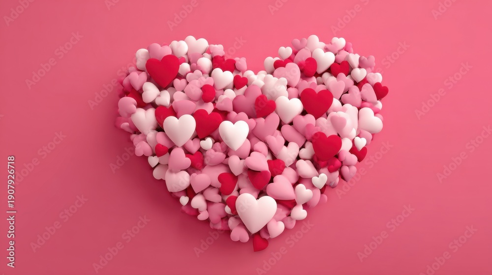 Fototapeta premium Heart-shaped cluster of pink and red hearts on pink background.