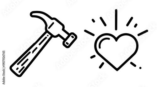 Black outline illustration featuring a hammer and a glowing heart on a white background