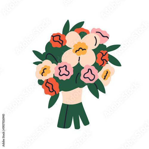 Floral bouquet arrangement. Beautiful spring and summer flower bunch. Gentle blossoms, blooms with stems tied in ribbon. Romantic wedding gift. Flat vector illustration isolated on white background
