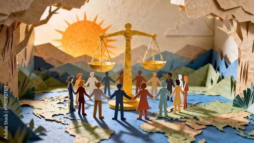 World Social Justice Day layered paper art illustration with balanced scales, diverse people holding hands, and global landscape, 3D papercut craft style, February 20