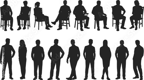 People sitting and standing silhouette set, men and women chair poses, interview meeting lifestyle concept, anonymous human figures, isolated white background