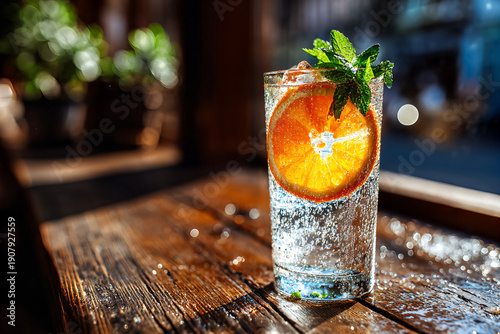 Spanish bartender's tall citrus spritzer with large orange wheel and fresh mint sprig, backlit bubbles and ice on rustic sunlit wooden bar