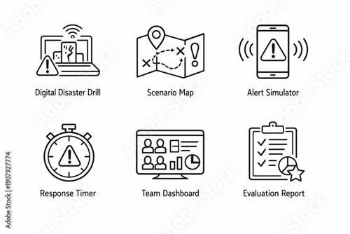 Digital disaster drill illustrations: alert simulator, scenario map, team dashboard, and more