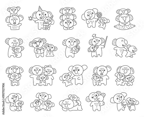 Koala family character set outline line art parent baby siblings hugging caring teaching reading sleeping celebrating walking learning nurturing