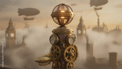 Steampunk-inspired golden device with gears against a hazy skyline  