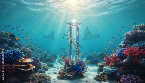 Underwater coral reef with colorful fish and crystal structure  