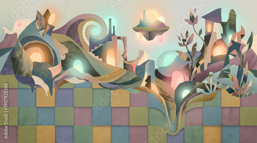 Abstract colorful landscape with shapes and flowing elements  