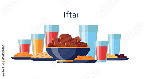 Flat lay of a traditional iftar meal with dates, samosas, and drinks on a white background.