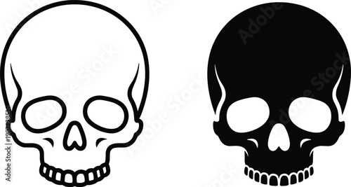 Human skull icon set showing black and white skeleton head silhouettes isolated on white background medical anatomy vector illustration design