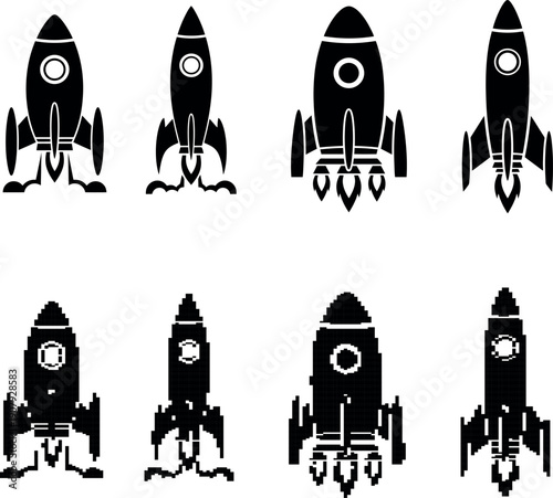 various kind of sleek rocket ship icons viewed from above on transparent background