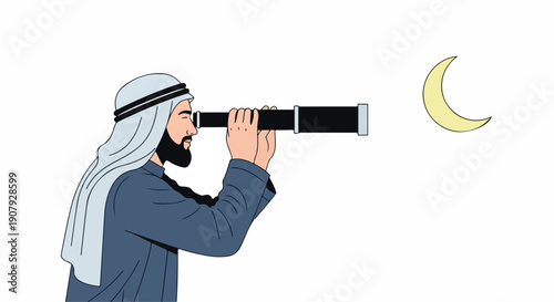 An illustrated man in a headscarf looking through a telescope at a crescent moon on a white background.
