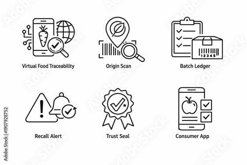 Virtual food traceability icons: origin scan, batch ledger, recall alert, trust seal, consumer app