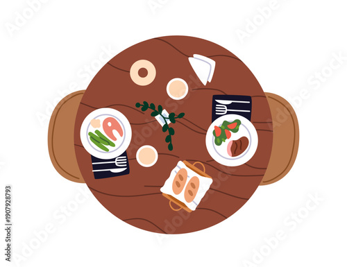 Dining table with food, top view. Restaurant dinner meal with meat and fish d...
