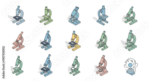 Colorful illustration of multiple microscopes isolated on white background for science and research