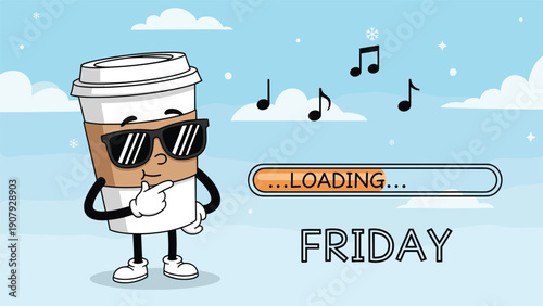 Cool coffee cup character wearing sunglasses thinks about the weekend as a loading bar slowly progresses towards Friday.