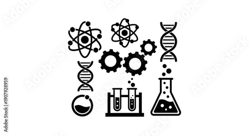 Conceptual Science and Scientific Research Illustration with Diverse Elements and Minimalist Style