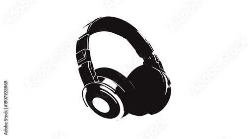 A stylized vector illustration of headphones in black and white, against a solid white background