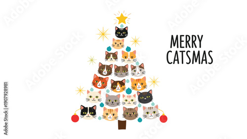 Artistic Christmas tree composed of various colorful cat faces and ornaments with the text merry catsmas on a white background.