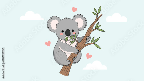 Adorable grey koala bear clings to a eucalyptus tree branch while surrounded by pink hearts and soft clouds in a pale blue sky.