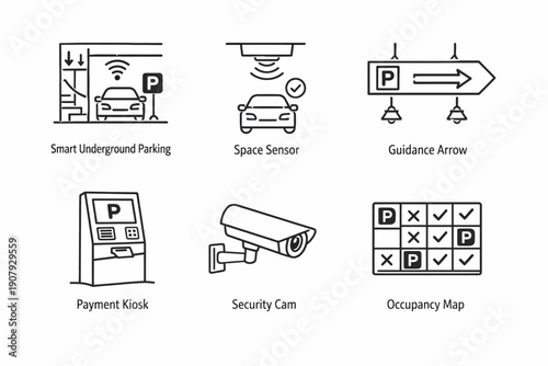 Smart underground parking system icons: sensors, kiosk, camera, guidance, occupancy