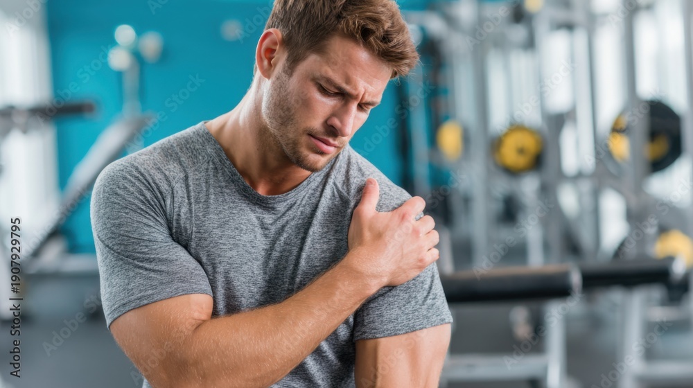Fototapeta premium Young caucasian male experiencing shoulder pain in gym setting.