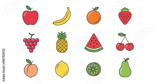 A vibrant assortment of colorful and appealing fruit icons against a clean white background