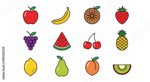 A vibrant assortment of colorful and appealing fruits in simple cartoon illustrations