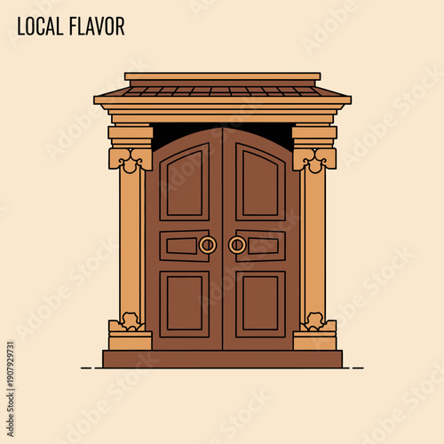 Classic Ornate Wooden Entrance Doorway with Elegant Columns and Historic Architectural Style, Featuring a Vintage Design and Intricate Details