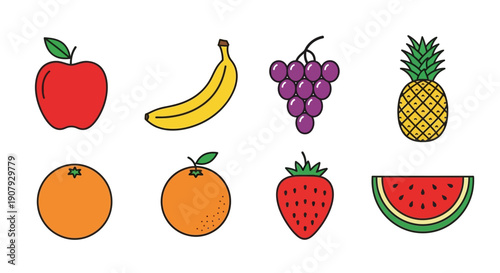 A vibrant assortment of hand-drawn fruits including apples, bananas, grapes, and others