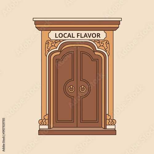 A captivating illustration of an ornate wooden door with the inscription 'LOCAL FLAVOR' above, evoking a sense of tradition and unique culinary experiences