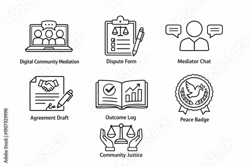 Icons depicting digital mediation tools and concepts with justice themes