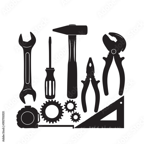 Professional construction tools and gears web icon set for repair and engineering vector illustration.