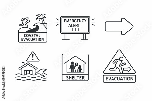 Emergency evacuation and shelter signs with alert icons