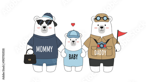 Three polar bears representing a mommy, baby, and daddy wear fashionable clothes and accessories while standing together in a line.