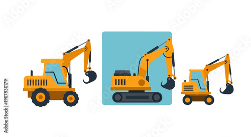 Excavators in a row, a visual representation of construction machinery equipment