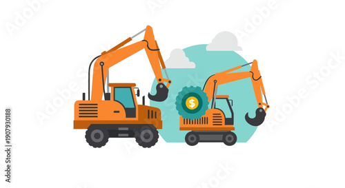 Excavator machinery with gears and dollar sign, representation of investment and digging