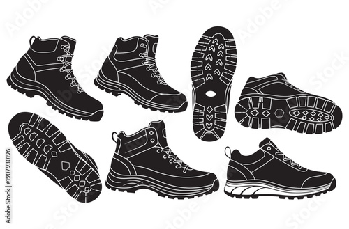 "Set of Travel Shoes Icons on White Background, Minimalist Adventure and Hiking Illustration