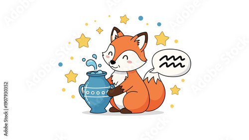 Happy red fox sits next to a blue water vessel with a speech bubble showing the aquarius zodiac sign on a white background with stars.