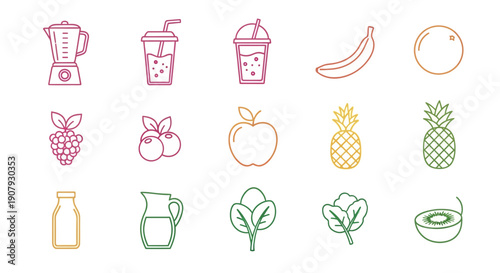 Healthy Smoothie Ingredients and Tools Vector Illustration in Colorful Outlines