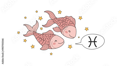 Two pink fish swim in a circle among golden stars next to a speech bubble featuring the pisces zodiac symbol on a white background.