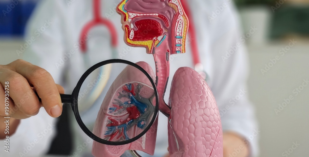 Ταπετσαρία A doctor studies a model of the respiratory system using a magnifying glass to c